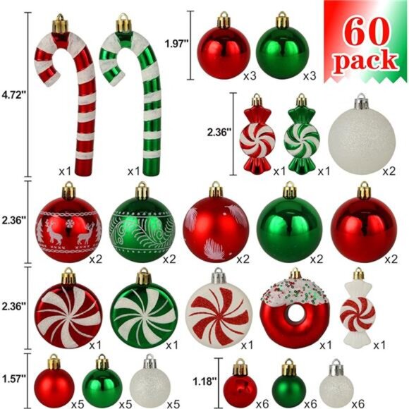 Christmas Tree Ornaments,Green Red White Christmas Ball Ornaments Set of 60 Pack - Picture 3 of 5